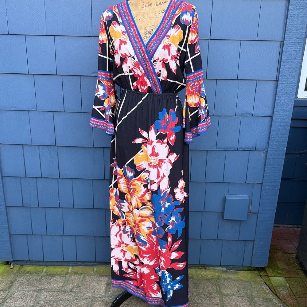 Flying Tomato Black Floral Maxi Dress Hawaiian stretch